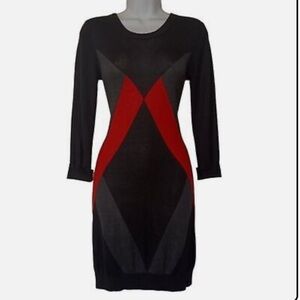 FRENCH CONNECTION Red Black Diamond Print Preppy Sweater Knit Dress